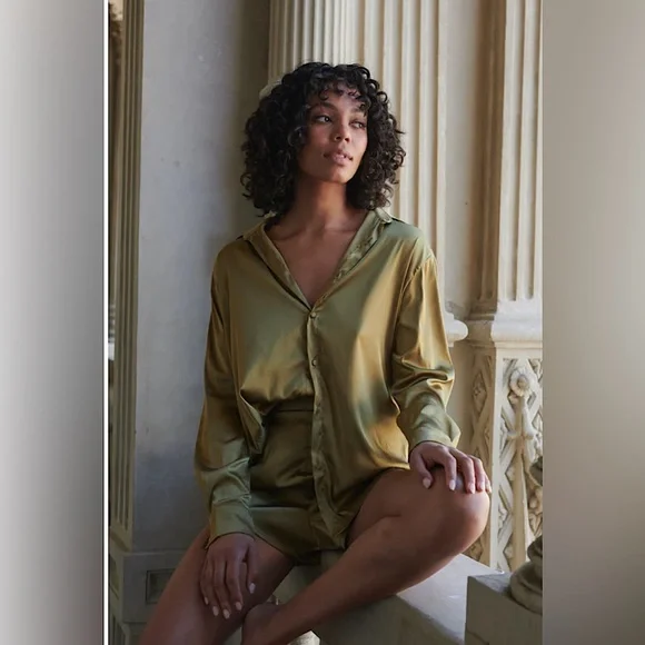 Kat The Label | Satin Pajama Shirt Olive | M - Picture 2 of 13